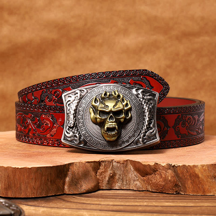 Men's DIY Flame Skull Hidden Folding Knife Leather Belt