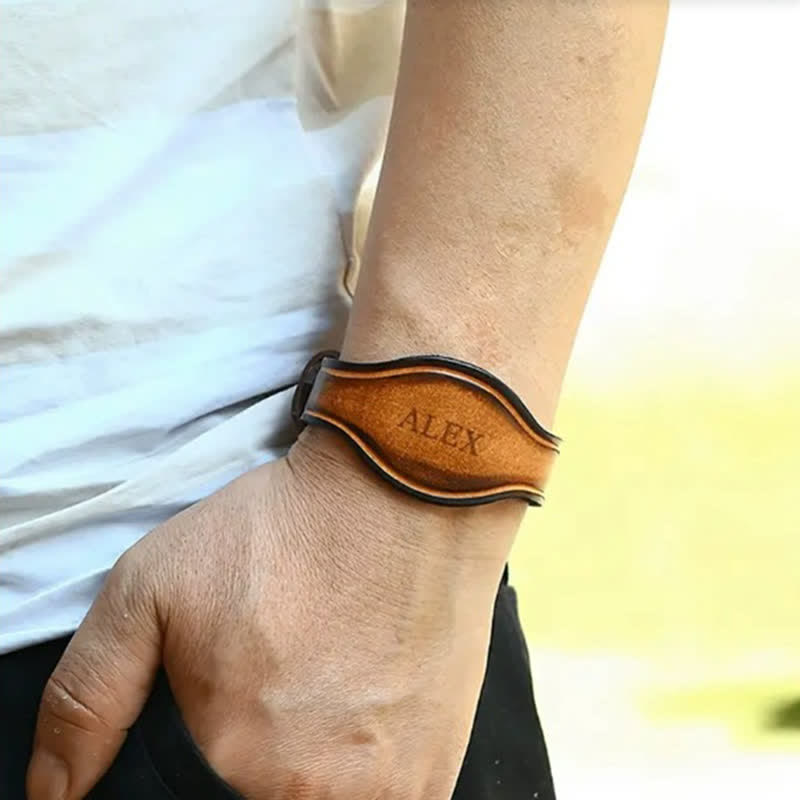 Retro Laser Carved Custom Name Brown Leather Bracelet