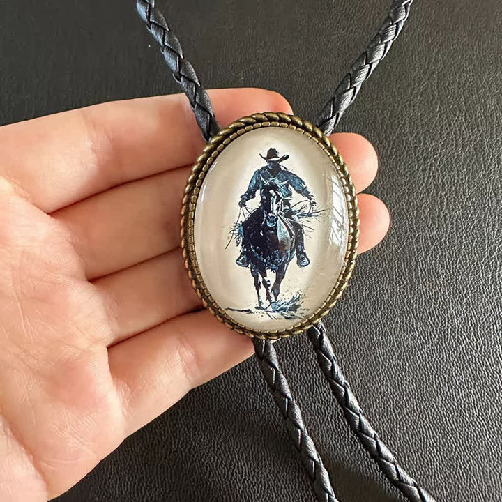 Cowboy Riding Scene Pendant Braided Leather Bolo Tie - Riding Scene - image 0