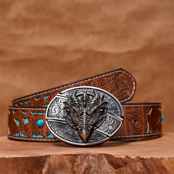 Men's DIY Sharp Dragon Hidden Folding Knife Leather Belt - Sharp Dragon - Turquoise Carved Belt - 42 - image 6