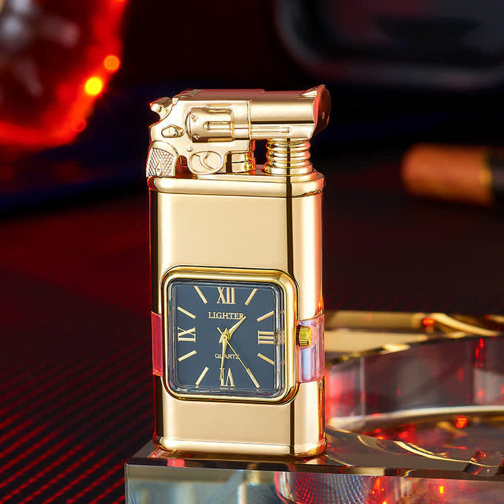 Guns Design Refillable Double Flame Butane Lighter With Clock