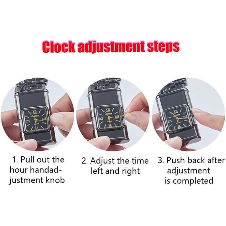 Alligato Design Refillable Double Flame Butane Lighter With Clock