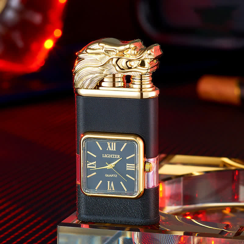 Dragon Design Refillable Double Flame Butane Lighter With Clock