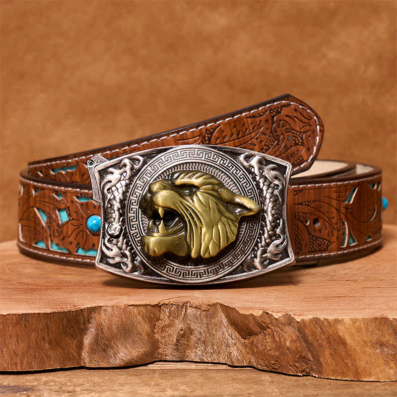 Men's DIY Tiger Hidden Folding Knife Leather Belt - Tiger - Turquoise Carved Belt - 42 - image 4