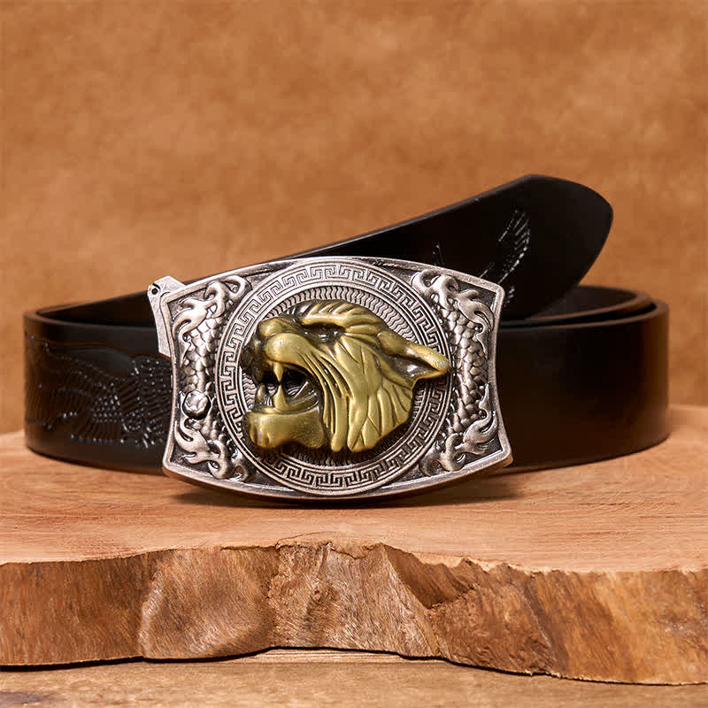 Men's DIY Tiger Hidden Folding Knife Leather Belt - Tiger - Black Embossed Eagle Belt - 42 - image 5