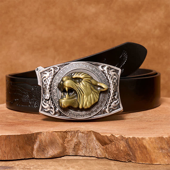 Men's DIY Tiger Hidden Folding Knife Leather Belt - Tiger - Black Embossed Eagle Belt - 42 - image 5