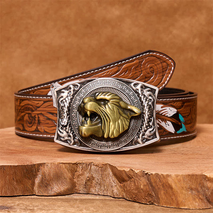 Men's DIY Tiger Hidden Folding Knife Leather Belt - Tiger - Brown Feather Belt - 40 - image 8