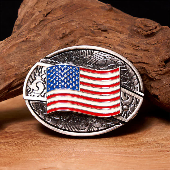Men's DIY American Flag Hidden Folding Knife Leather Belt