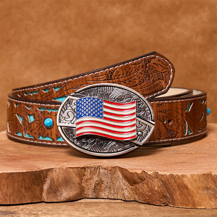 Men's DIY American Flag Hidden Folding Knife Leather Belt