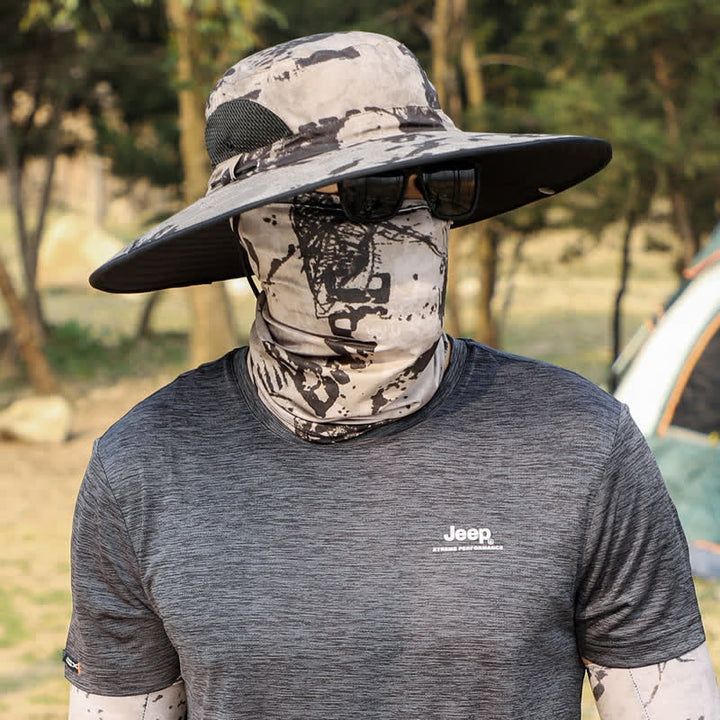 2Pcs Men's Camouflage Face Mask Large Brim Bucket Hat