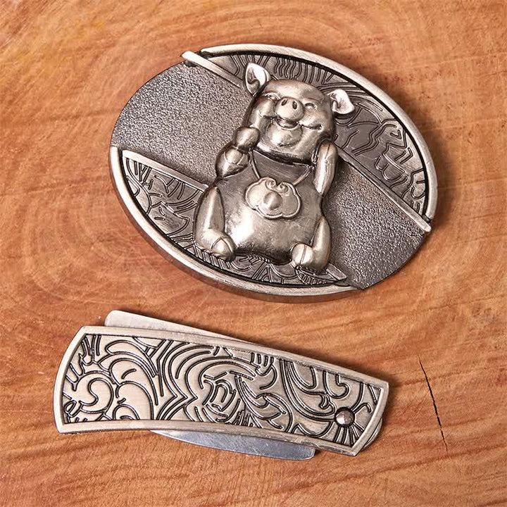 Men's DIY Piglet Hidden Folding Knife Leather Belt