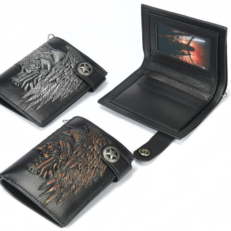 Gothic Chain Five-pointed Star Buckle Indian Pattern Leather Wallet