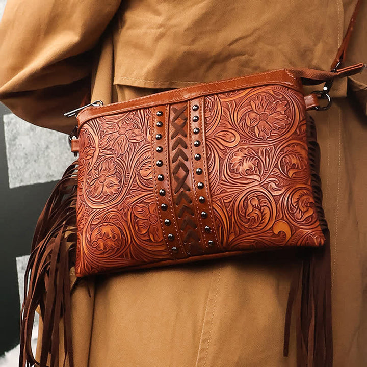 Women's Engraved Boho Flower Pattern Fringe Crossbody Bag