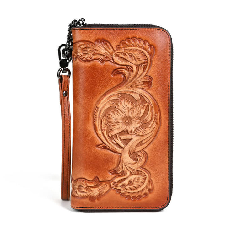 Women's Elegant Floral Long Leather Wallet with Wrist Strap