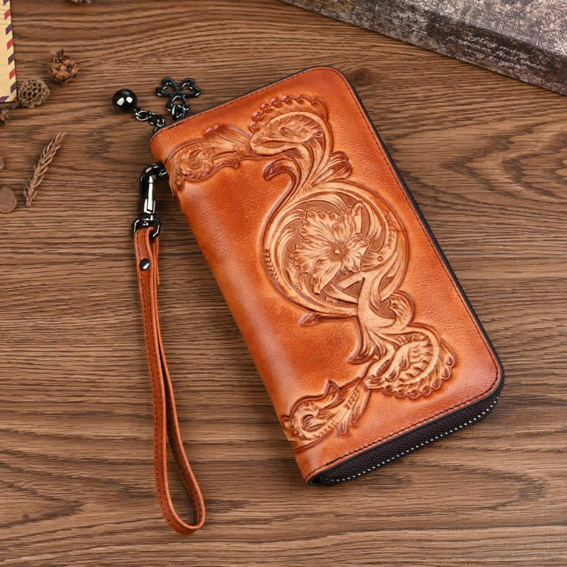 Women's Elegant Floral Long Leather Wallet with Wrist Strap