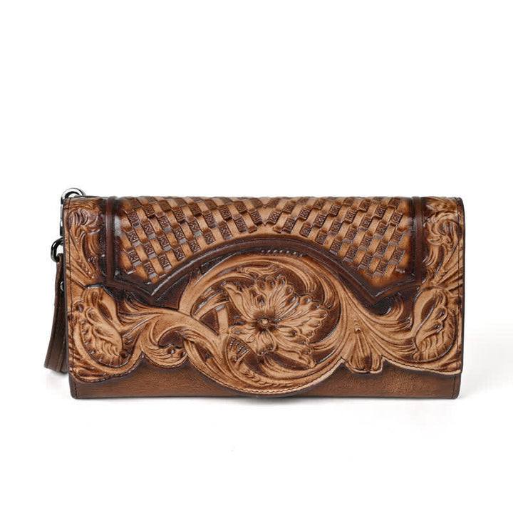 Women's Floral Long Three Folds Leather Wallet With Wrist Strap