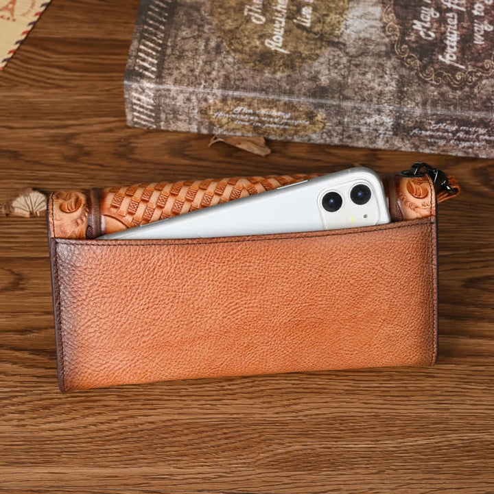 Women's Floral Long Three Folds Leather Wallet With Wrist Strap