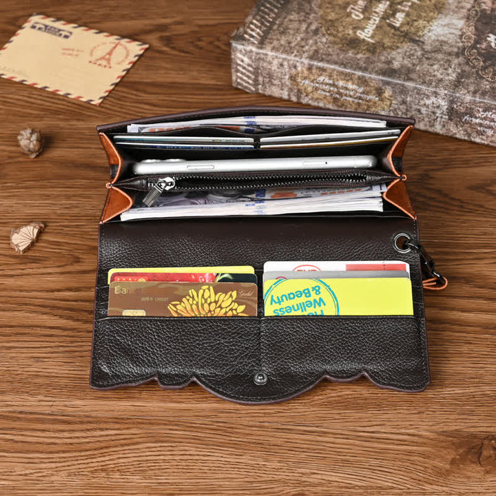 Women's Floral Long Three Folds Leather Wallet With Wrist Strap