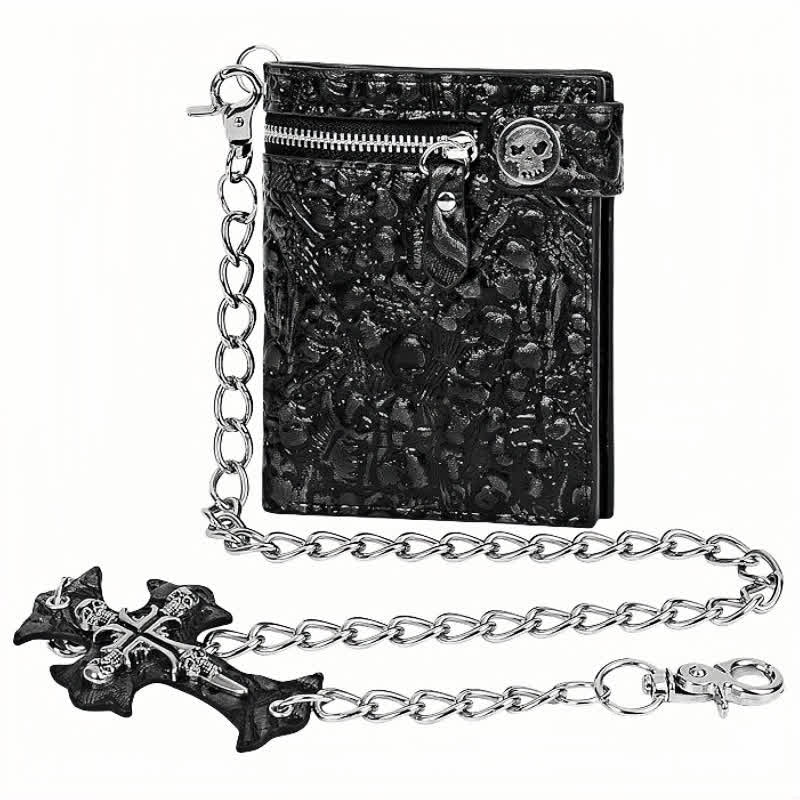 Black Gothic Death God Skull Leather Wallet With Chain