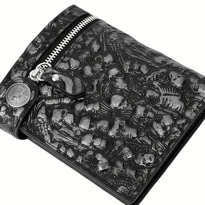 Black Gothic Death God Skull Leather Wallet With Chain