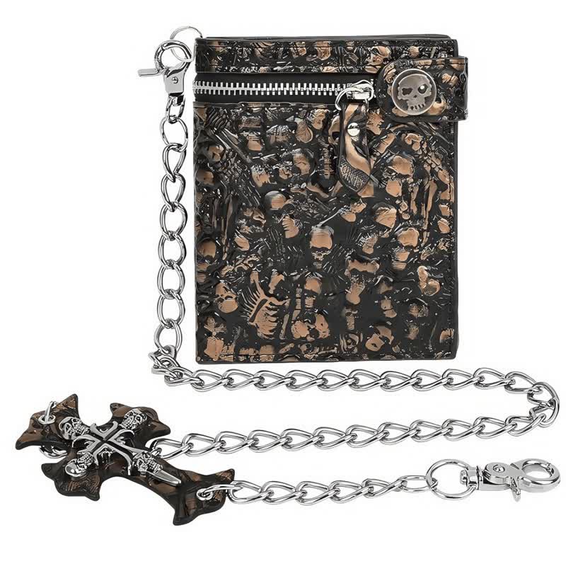 Black Gothic Death God Skull Leather Wallet With Chain
