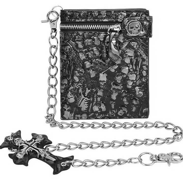 Black Gothic Death God Skull Leather Wallet With Chain