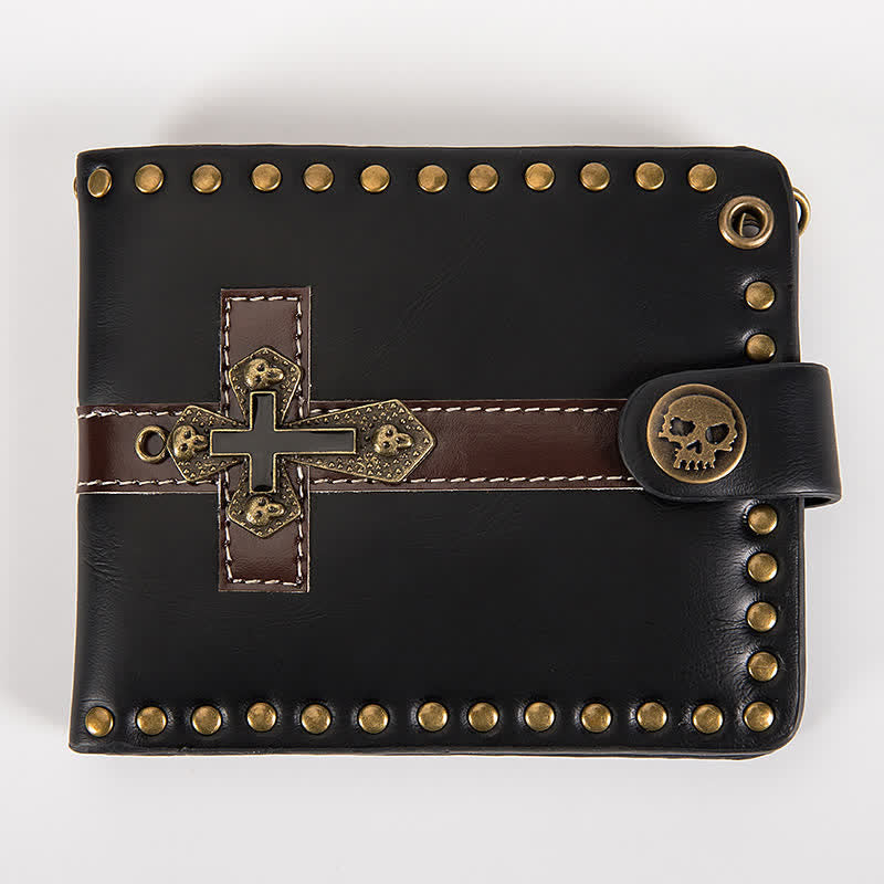 Skull Buckle Vintage Cross Chain Leather Wallet
