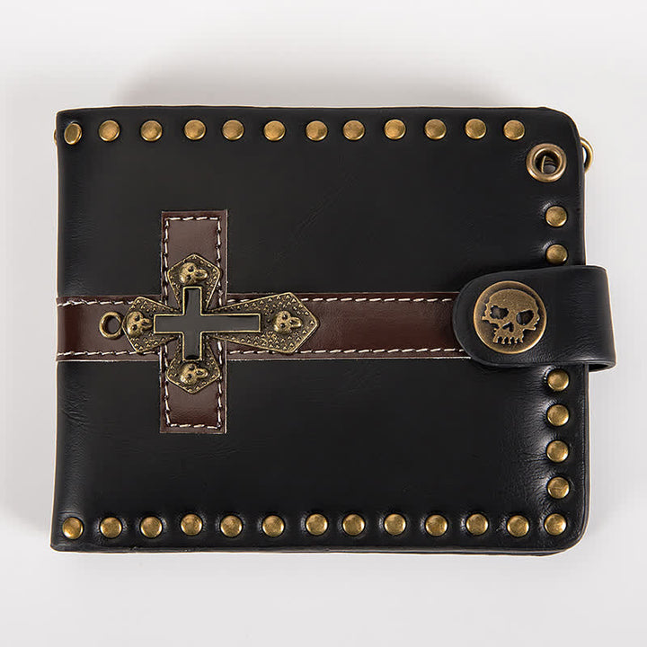 Skull Buckle Vintage Cross Chain Leather Wallet