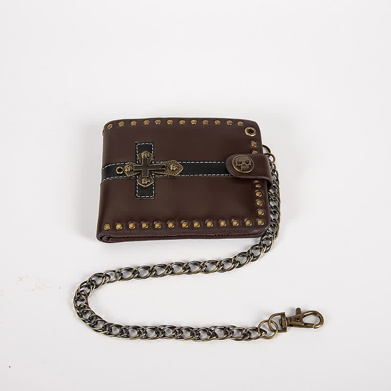 Skull Buckle Vintage Cross Chain Leather Wallet