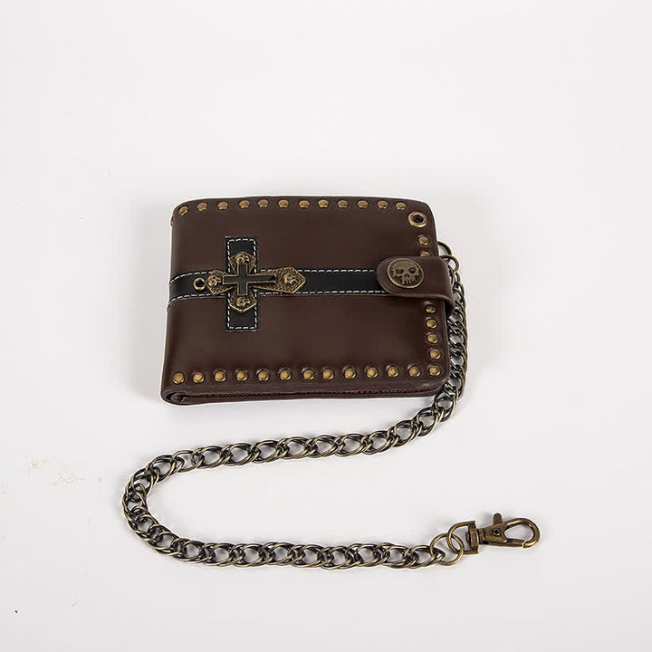Skull Buckle Vintage Cross Chain Leather Wallet
