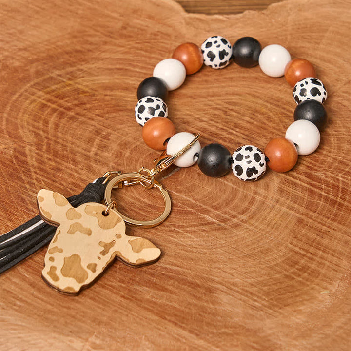 Cow Wooden Beads Wristlet Western Bracelet With Tassel - White Cow - image 1