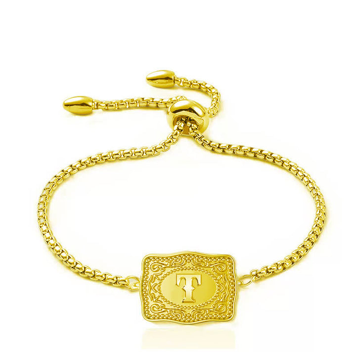 18K Gold Plated Mini Embossed Initial Letter Bracelet - T - image 19