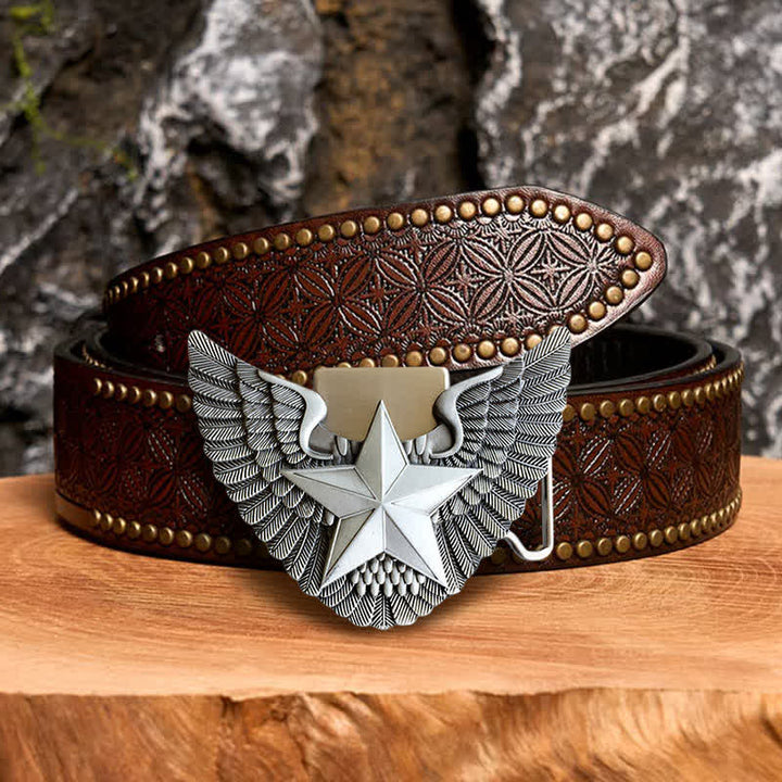 Men's DIY Angel Wing Star Leather Belt with Hidden Lighter - Star - Brown Rivet Belt - 42 - image 4