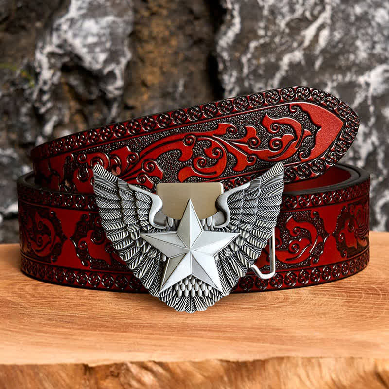 Men's DIY Angel Wing Star Leather Belt with Hidden Lighter - Star - Brown Carved Belt - 42 - image 6