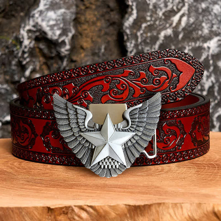 Men's DIY Angel Wing Star Leather Belt with Hidden Lighter - Star - Brown Carved Belt - 42 - image 6