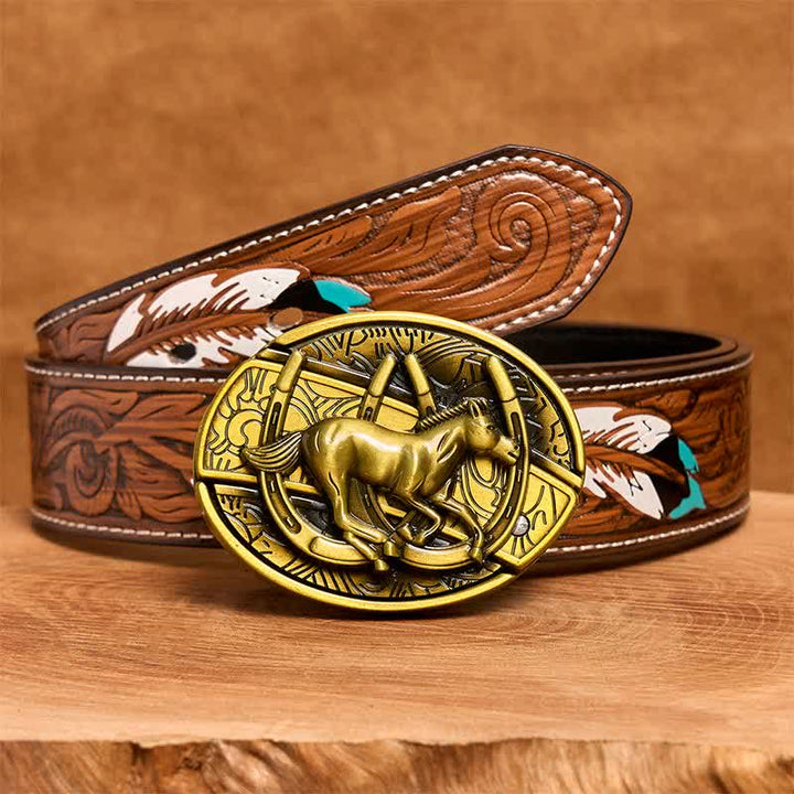Men's DIY Bronze Galloping Horse Hidden Folding Knife Leather Belt - Galloping Horse - Brown Feather Belt - 40 - image 10