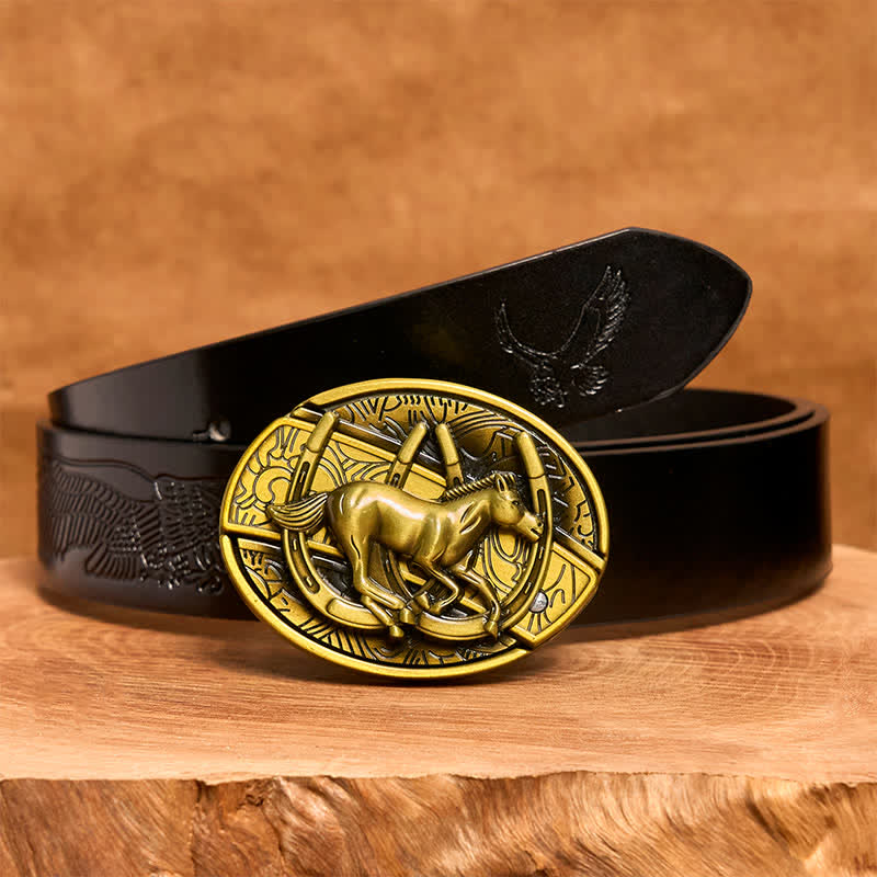 Men's DIY Bronze Galloping Horse Hidden Folding Knife Leather Belt - Galloping Horse - Black Embossed Eagle Belt - 42 - image 7
