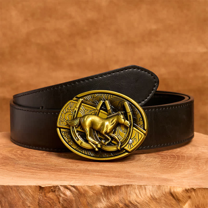Men's DIY Bronze Galloping Horse Hidden Folding Knife Leather Belt - Galloping Horse - Black PU Belt - 42 - image 5