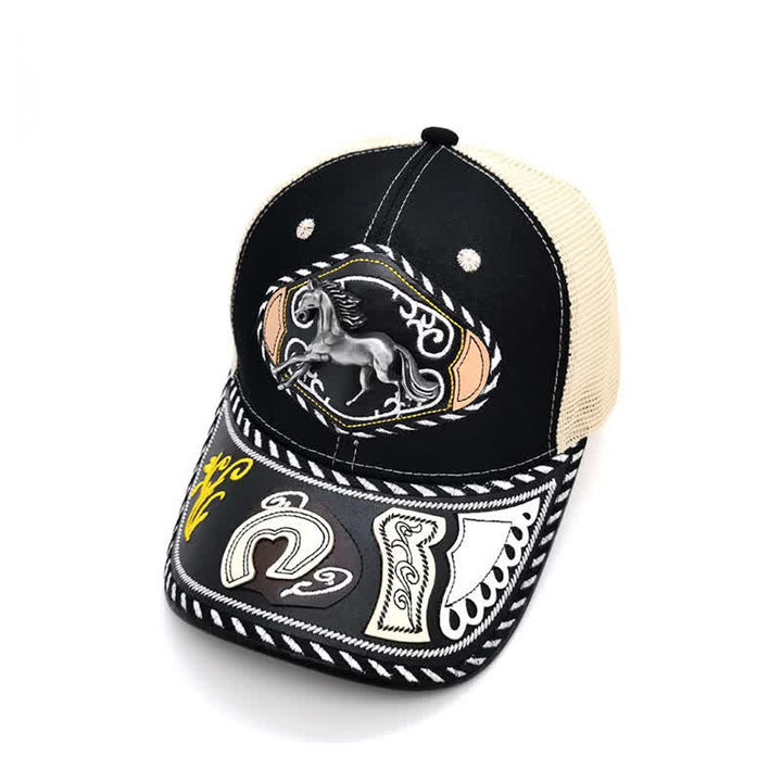 Black 3d Metal Decor Ethnic Mexican Beige Mesh Truck Hat (Pre-Sale) - Horse - Adjustable (About 22"-23 5/8") - image 4