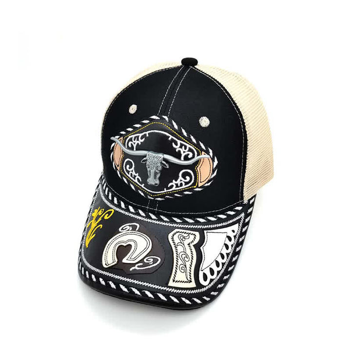 Black 3d Metal Decor Ethnic Mexican Beige Mesh Truck Hat (Pre-Sale) - Bull - Adjustable (About 22"-23 5/8") - image 1