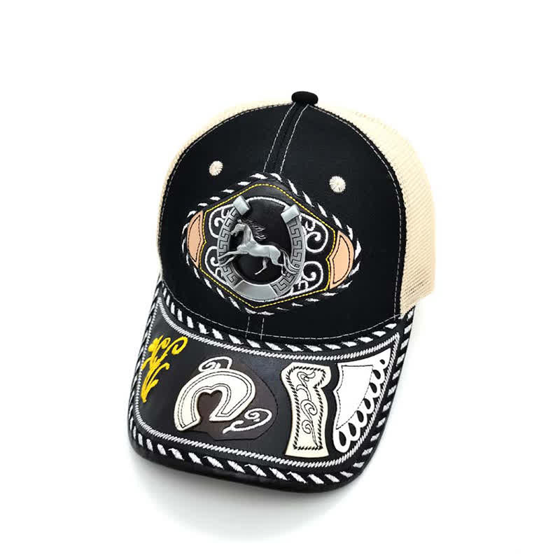 Black 3d Metal Decor Ethnic Mexican Beige Mesh Truck Hat (Pre-Sale) - Horseshoe - Adjustable (About 22"-23 5/8") - image 12