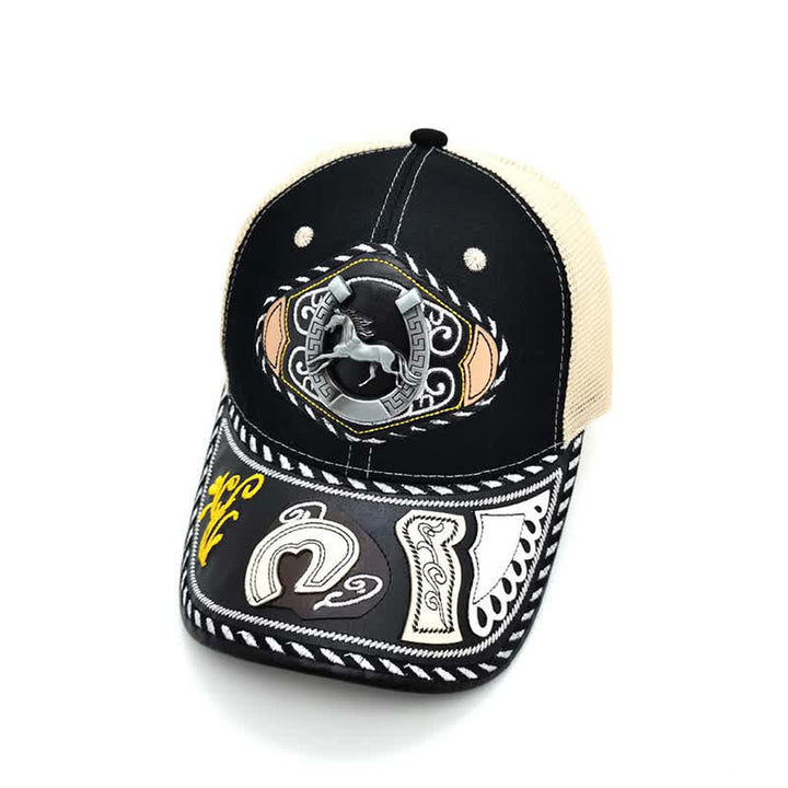 Black 3d Metal Decor Ethnic Mexican Beige Mesh Truck Hat (Pre-Sale) - Horseshoe - Adjustable (About 22"-23 5/8") - image 12