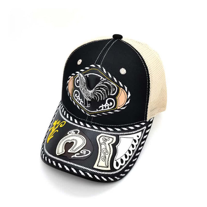 Black 3d Metal Decor Ethnic Mexican Beige Mesh Truck Hat (Pre-Sale) - Rooster - Adjustable (About 22"-23 5/8") - image 6