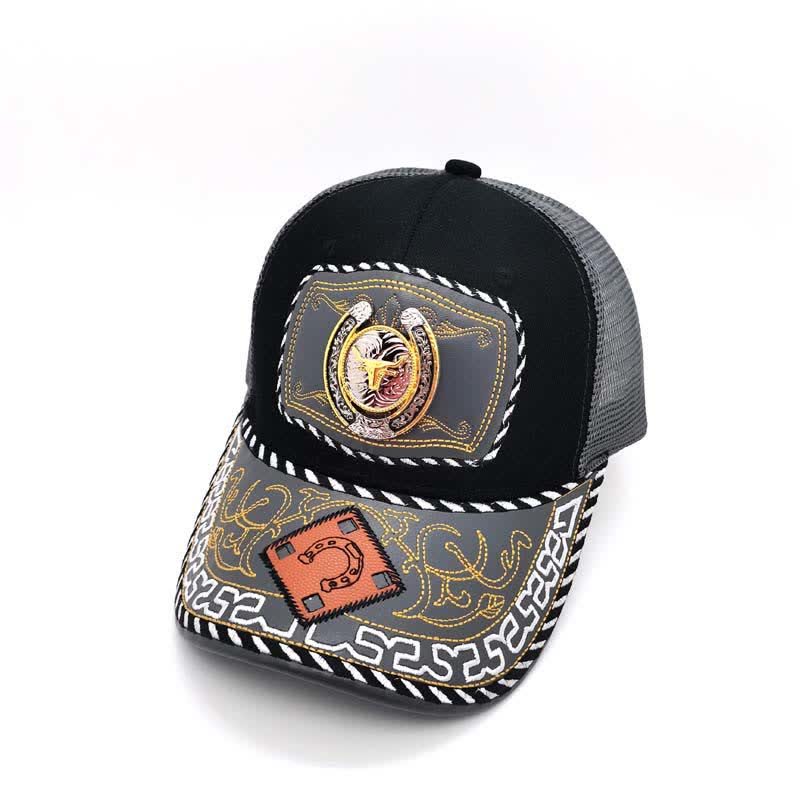 Gold 3d Horseshoe Metal Decor Ethnic Mexican Gray Mesh Truck Hat (Pre-Sale) - Bull - Adjustable (About 22"-23 5/8") - image 3