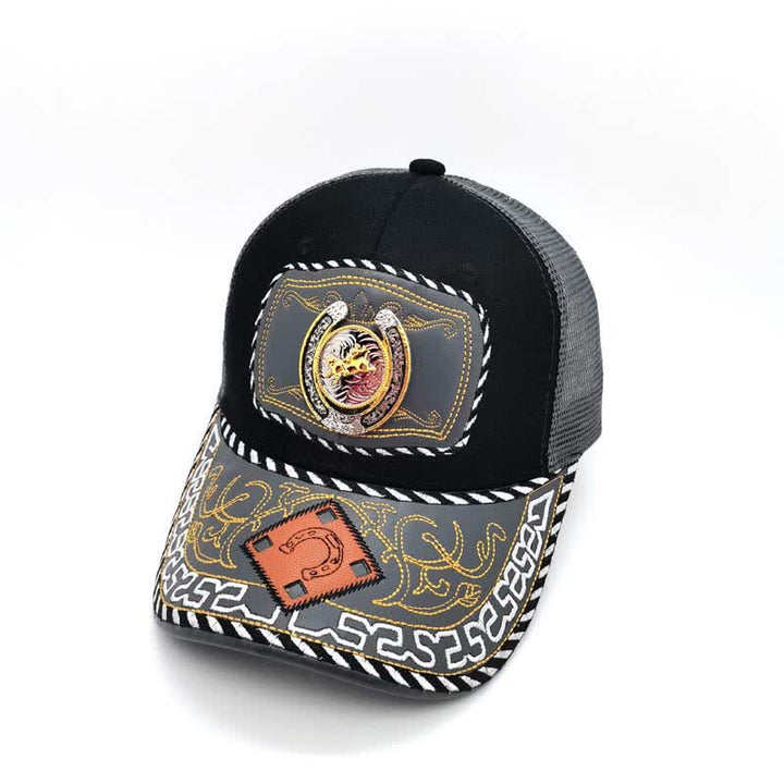 Gold 3d Horseshoe Metal Decor Ethnic Mexican Gray Mesh Truck Hat (Pre-Sale) - Running Horse - Adjustable (About 22"-23 5/8") - image 5