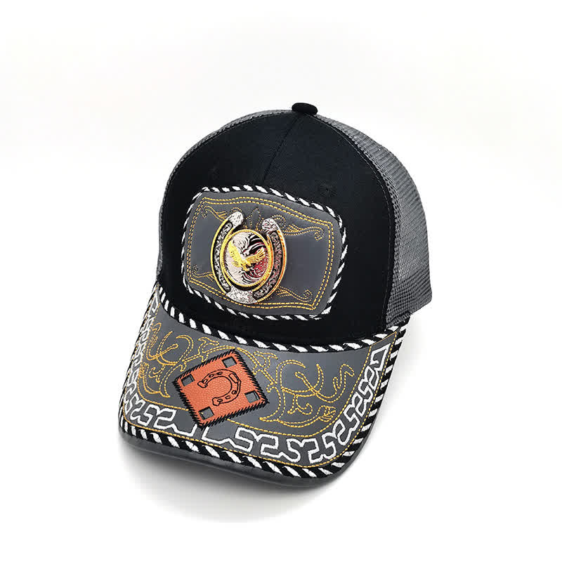 Gold 3d Horseshoe Metal Decor Ethnic Mexican Gray Mesh Truck Hat (Pre-Sale) - Eagle - Adjustable (About 22"-23 5/8") - image 13