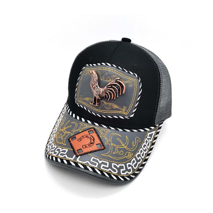 Copper Color 3d Metal Decor Ethnic Mexican Gray Mesh Truck Hat (Pre-Sale) - Rooster - M (22"-22 7/8") - image 9