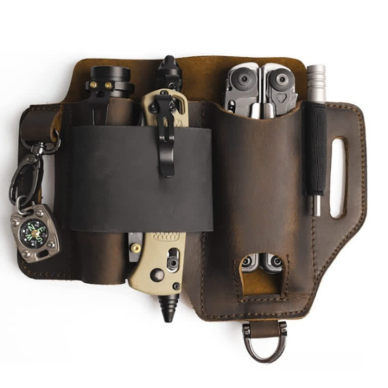 EDC Tool Storage Holster Folding Knife Flashlight Leather Belt Bag - Brown - image 1