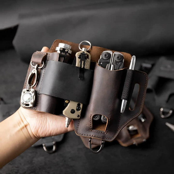 EDC Tool Storage Holster Folding Knife Flashlight Leather Belt Bag - image 5