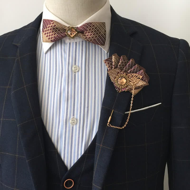 2Pcs Burgundy & Champagne Checked Pattern Pin Bow Tie Set - 2Pcs - image 1